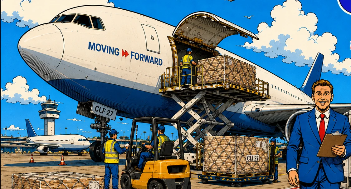 Illustrated cargo aircraft being loaded at Stuttgart Airport
