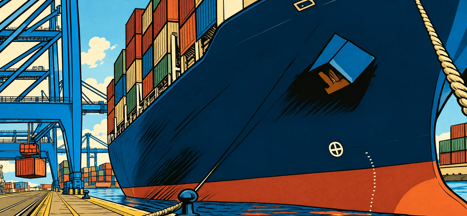 Illustrated cargo ship at a container terminal